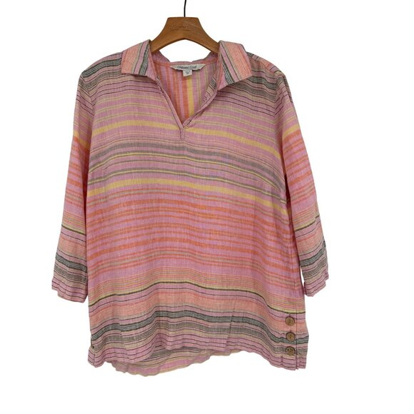 Coldwater Creek Womens Striped Linen Tunic Top size medium petite Pink - Picture 1 of 4